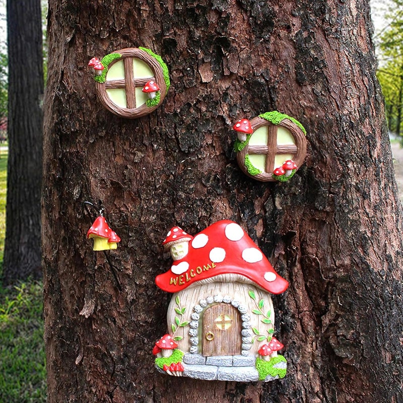IMOFEE Fairy Door and Windows Garden Kit Accessories Outdoor, Glow in Dark Gnome House for Tree, Lawn Yard Art Sculpture, Miniature Garden Decor (Mushroom) - Image 2